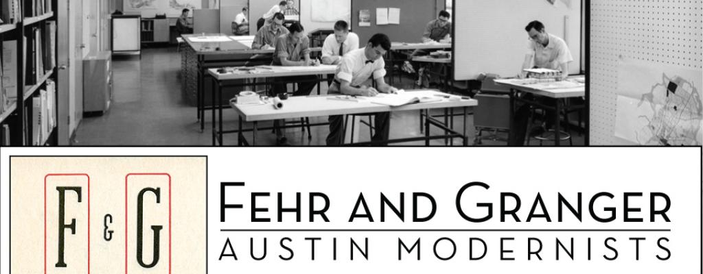 Architects at desks in a black and white photo over a Fehr and Granger logo