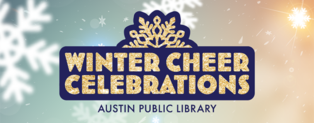Text with golden glitter effect, that reads "Winter Cheer Celebrations", with a halved snowflake centered above, on a magical wintery background of blurred snowflakes, light flares and a gradient of color from a deep blue to golden light orange/yellow. 