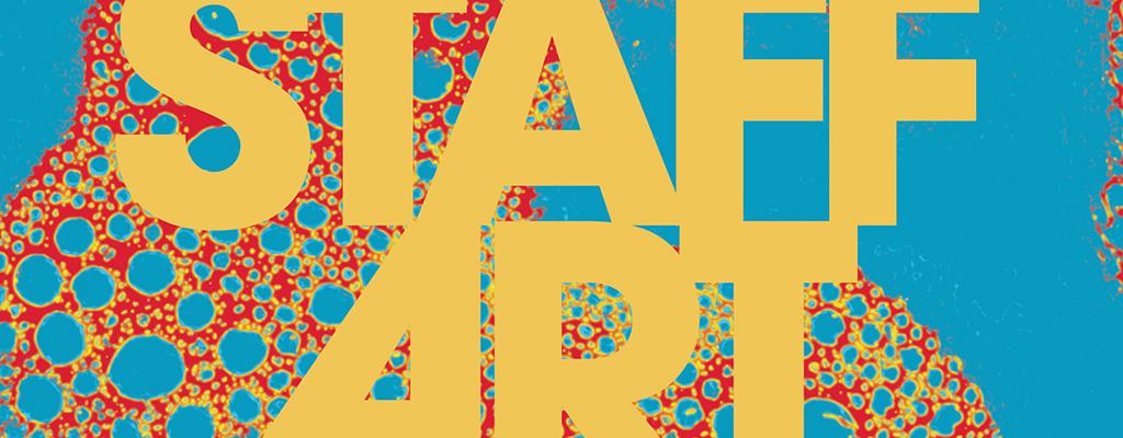 the words Staff Art in bright colors with abstract circular designs in background