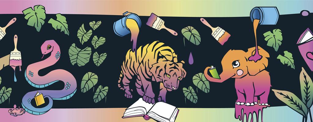 animals illustrated tiger, sloth, parrot, snake, elephant