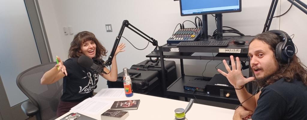 Library staff working on podcast