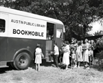 Bookmobile with a line of people