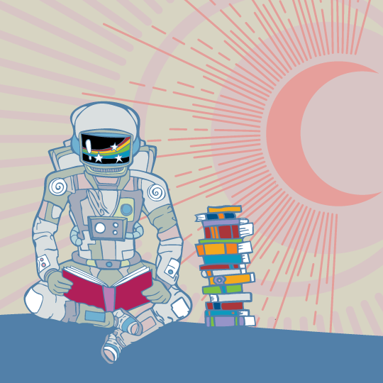 astronaut reading with eclipse