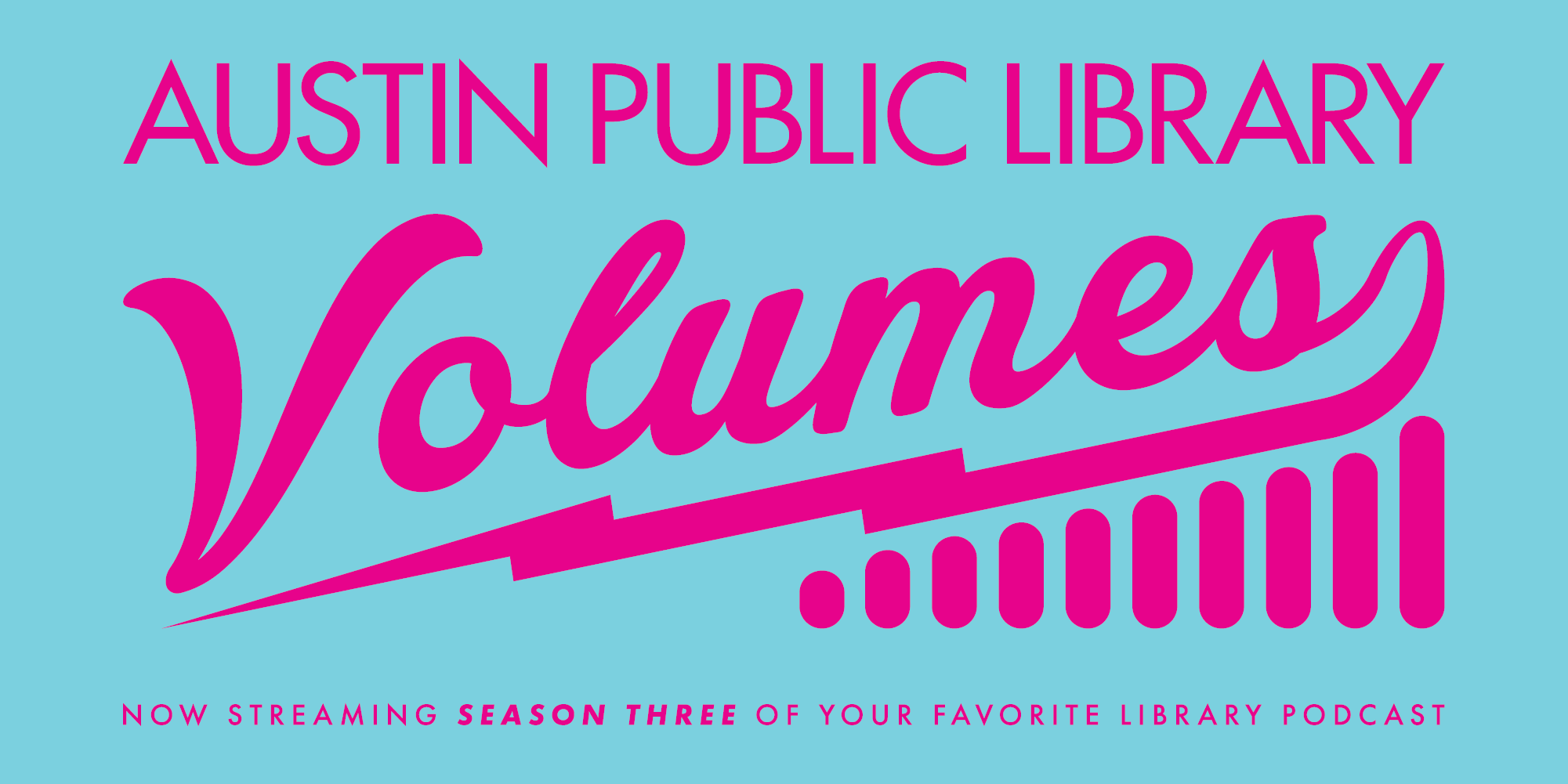 Magenta colored APL Volumes logo on a cyan colored background.