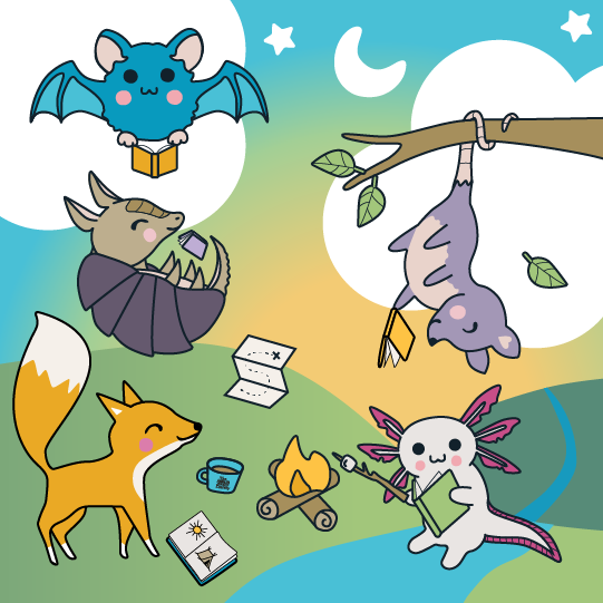 animals reading on a field, armadillo, fox, axolotl, bat, opossum