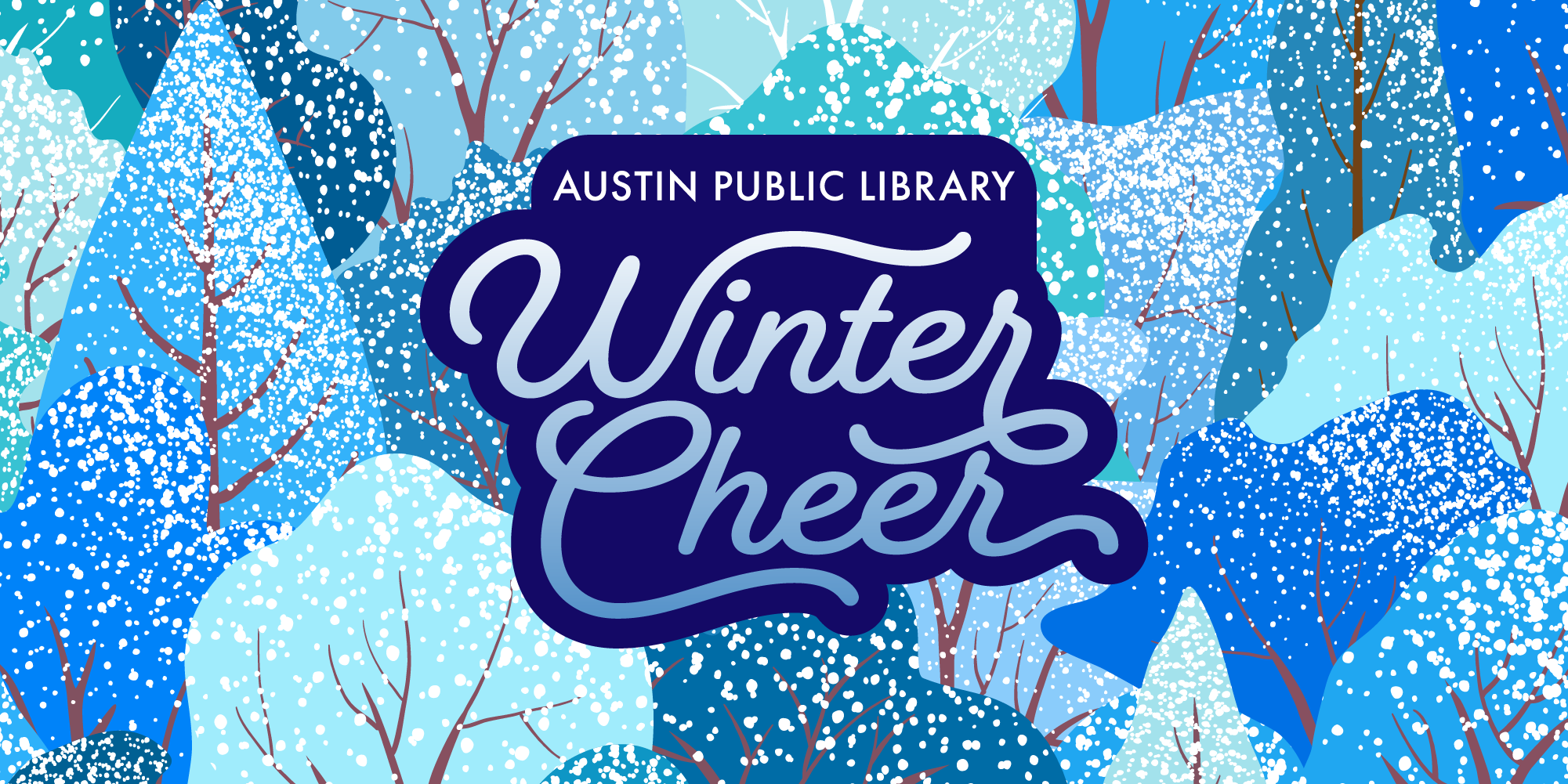 Winter Cheer script logo sits in front of snow capped trees in a vector based illustration