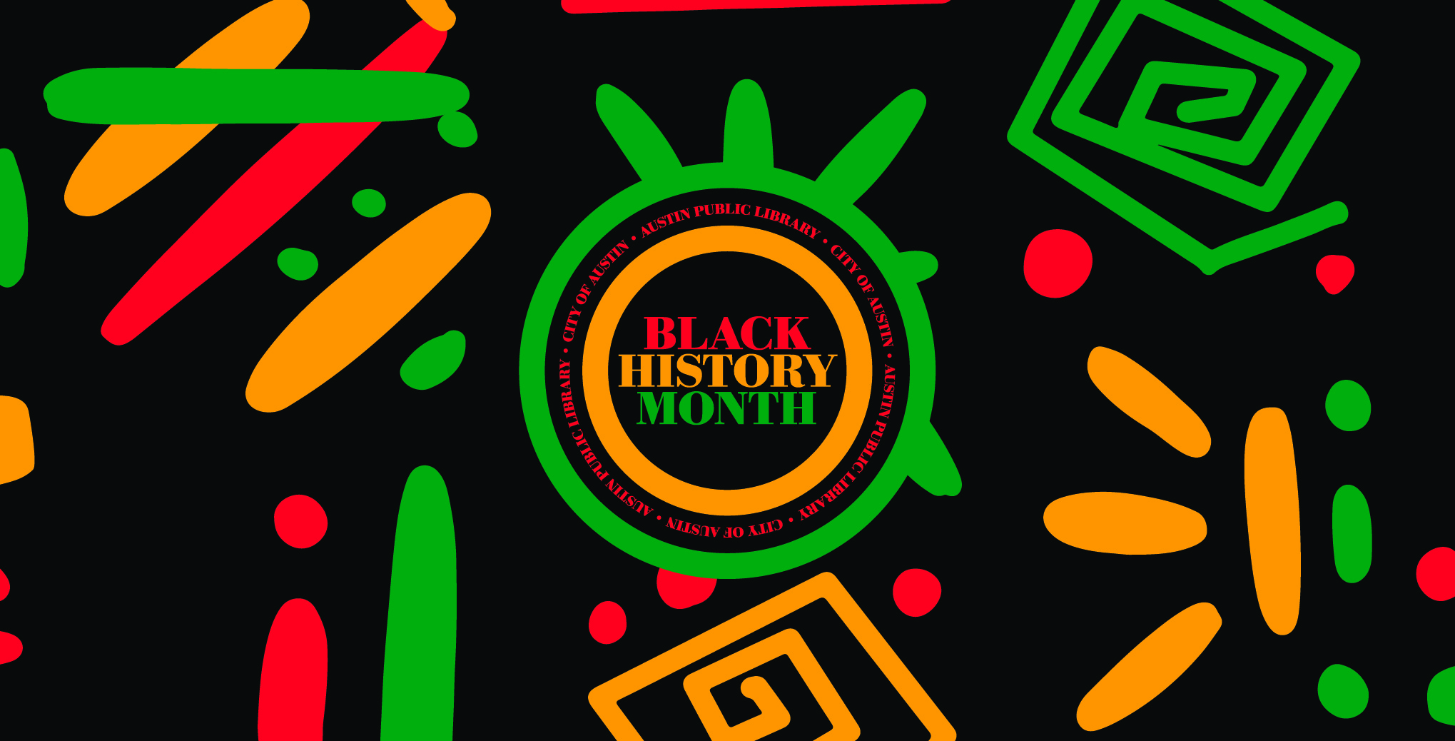 Black History Month Circular Badge Logo is in a pattern atop a lively hand painted pattern of African inspired art.