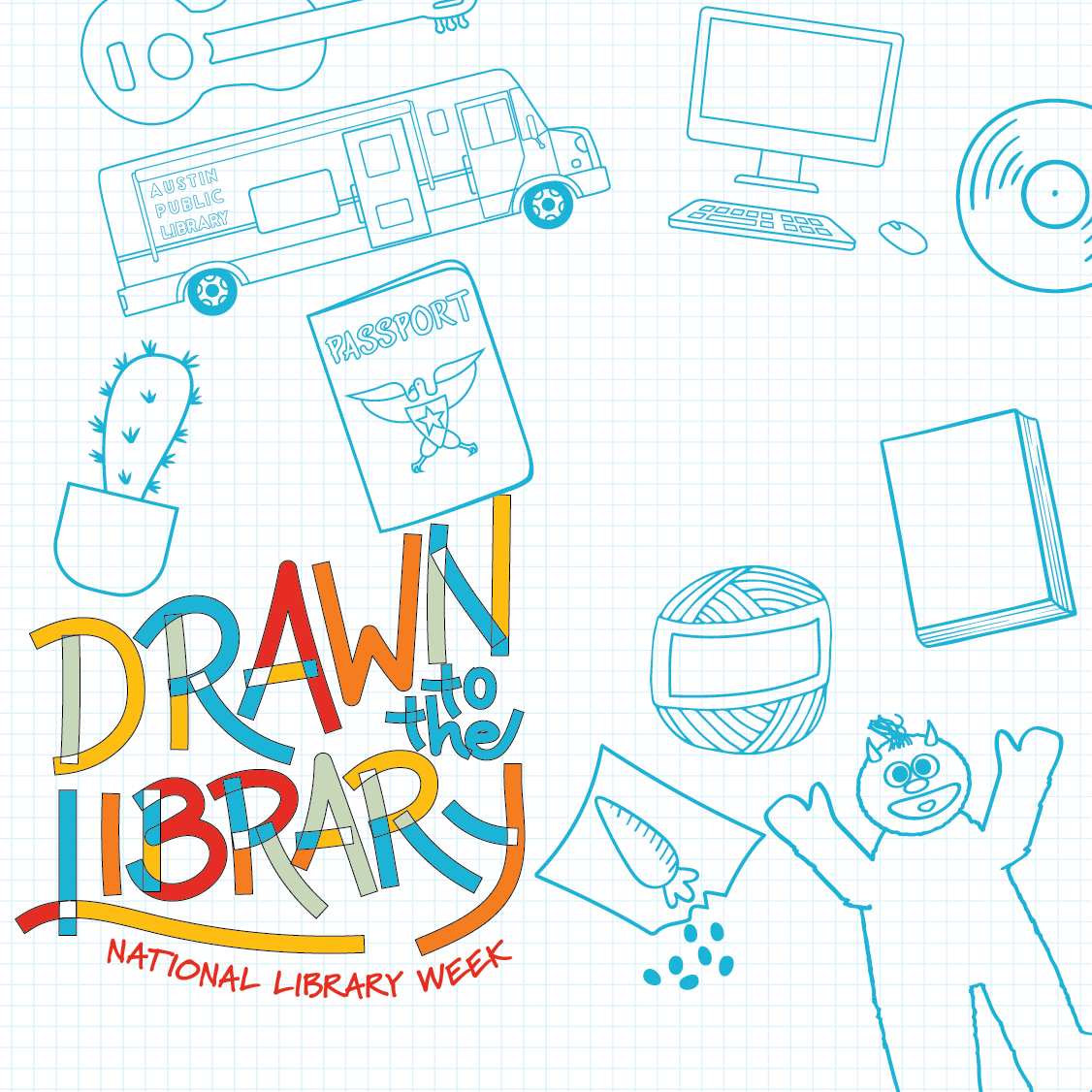 Drawn to the Library logo with icons