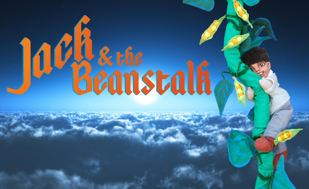 Jack climbing the giant beanstalk high above the clouds.
