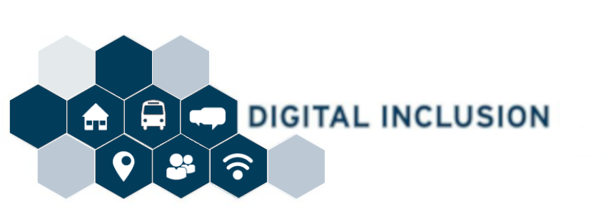 Octagons clustered in 3 different colors with 6 that have icons of a bus, wi-fi signal, speech bubbles, house, a map ping and 2 people. Besides that are the words Digital Inclusion