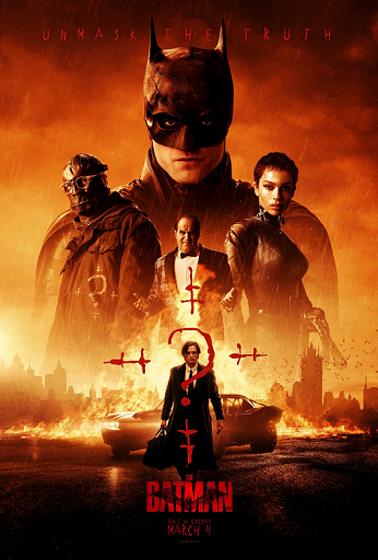Movie Poster of The Batman with the main character at the center of the image surrounded by supporting characters around him