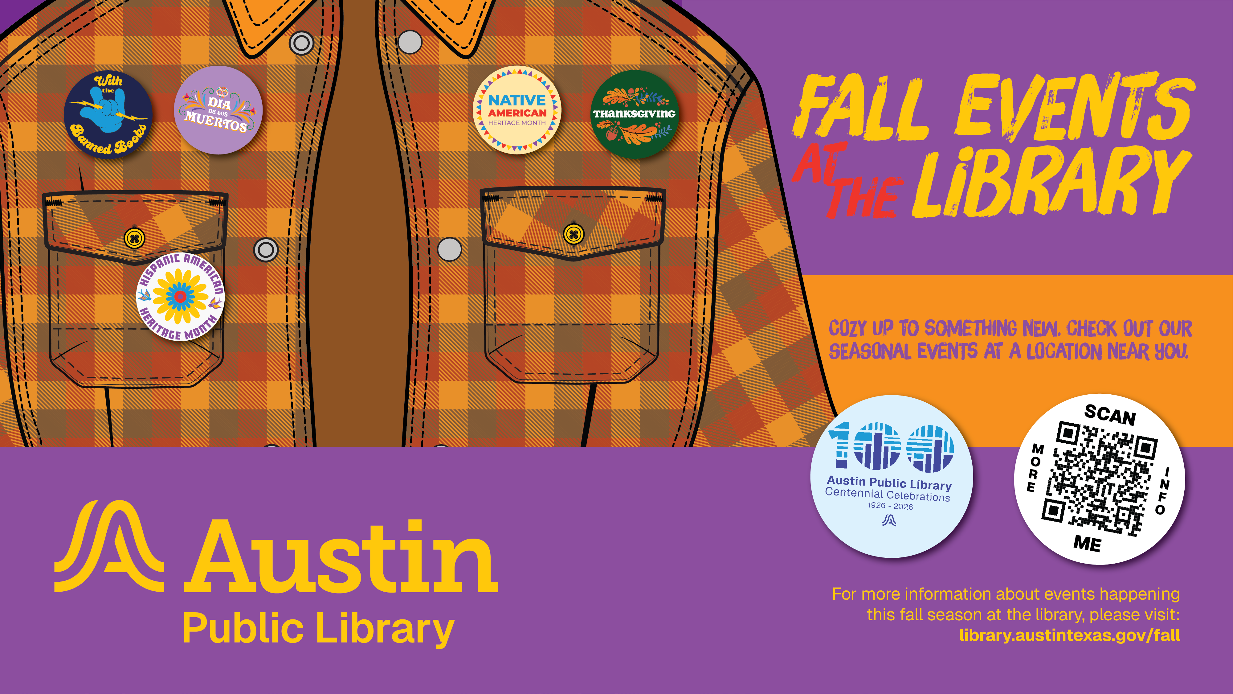 A Fall flannel made of orange, yellow and brown plaid, is adorned with buttons that represent the cultural celebrations of the fall season