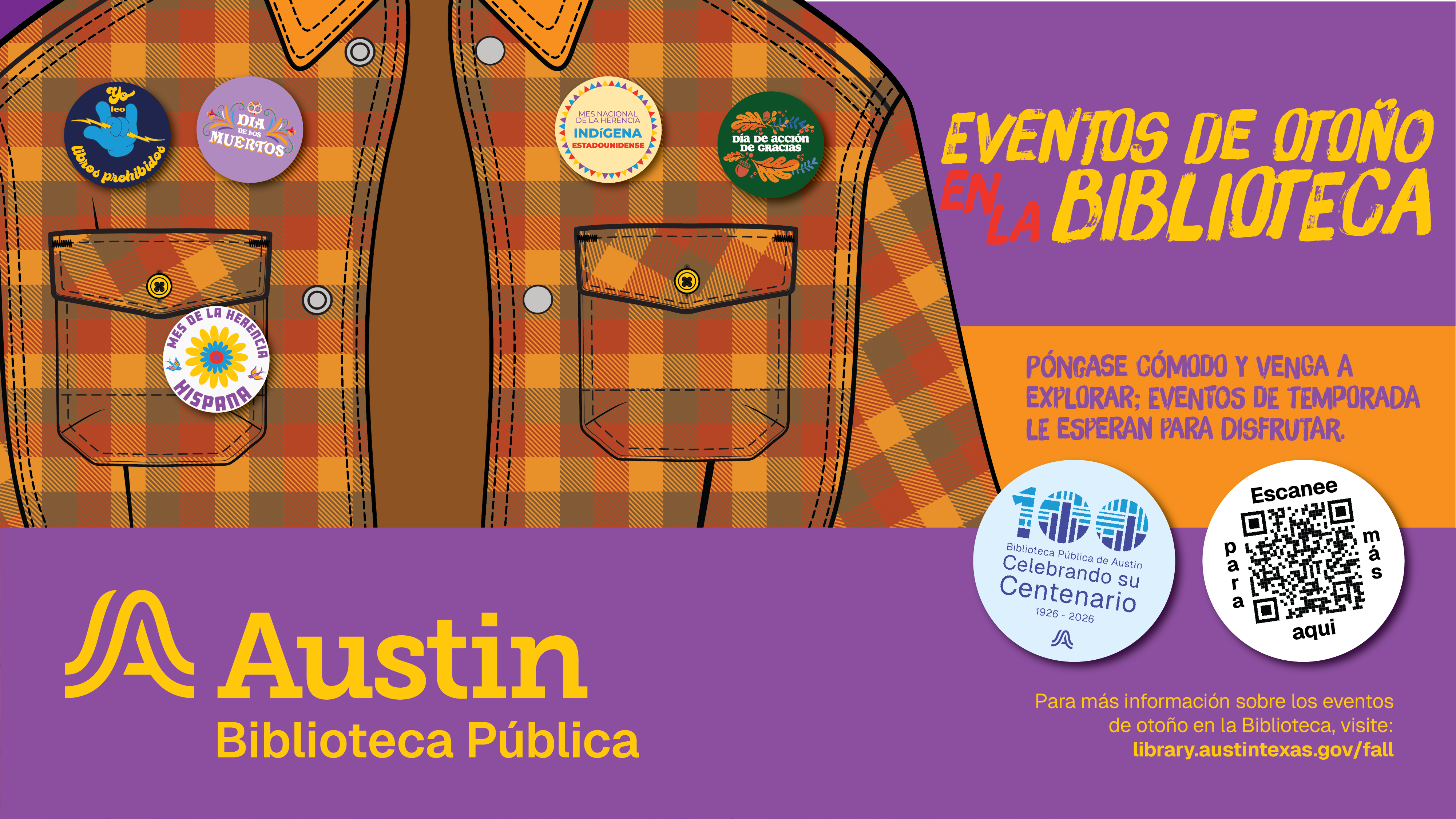 A Fall flannel made of orange, yellow and brown plaid, is adorned with buttons that represent the cultural celebrations of the fall season