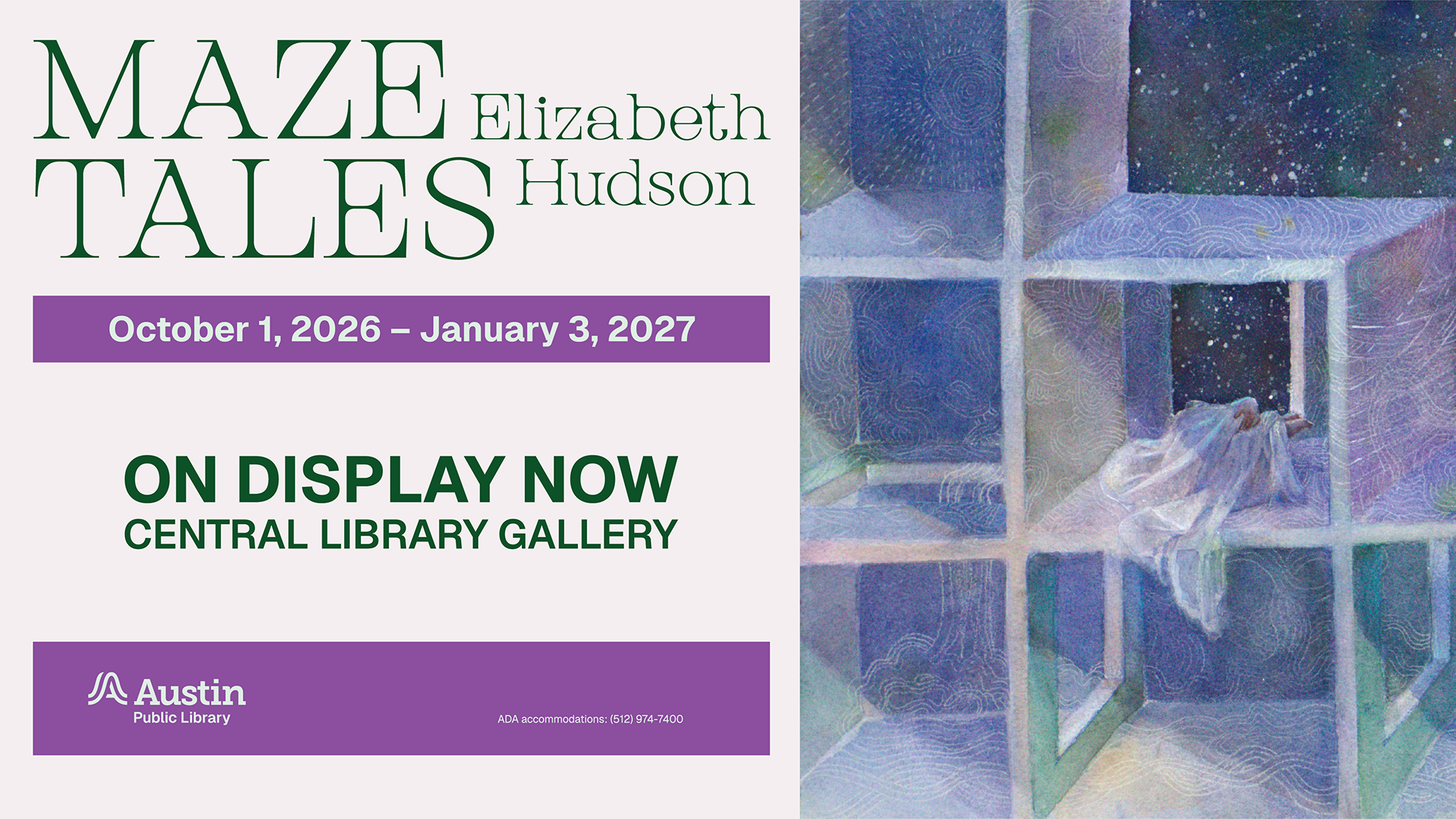 Maze Tales, the title, is in green text on a very light lavender background. The title is on the left, and an image of a painting by the artist sits on the right. The painting shows a figure draped in cloth, sitting inside a section of cubed openings