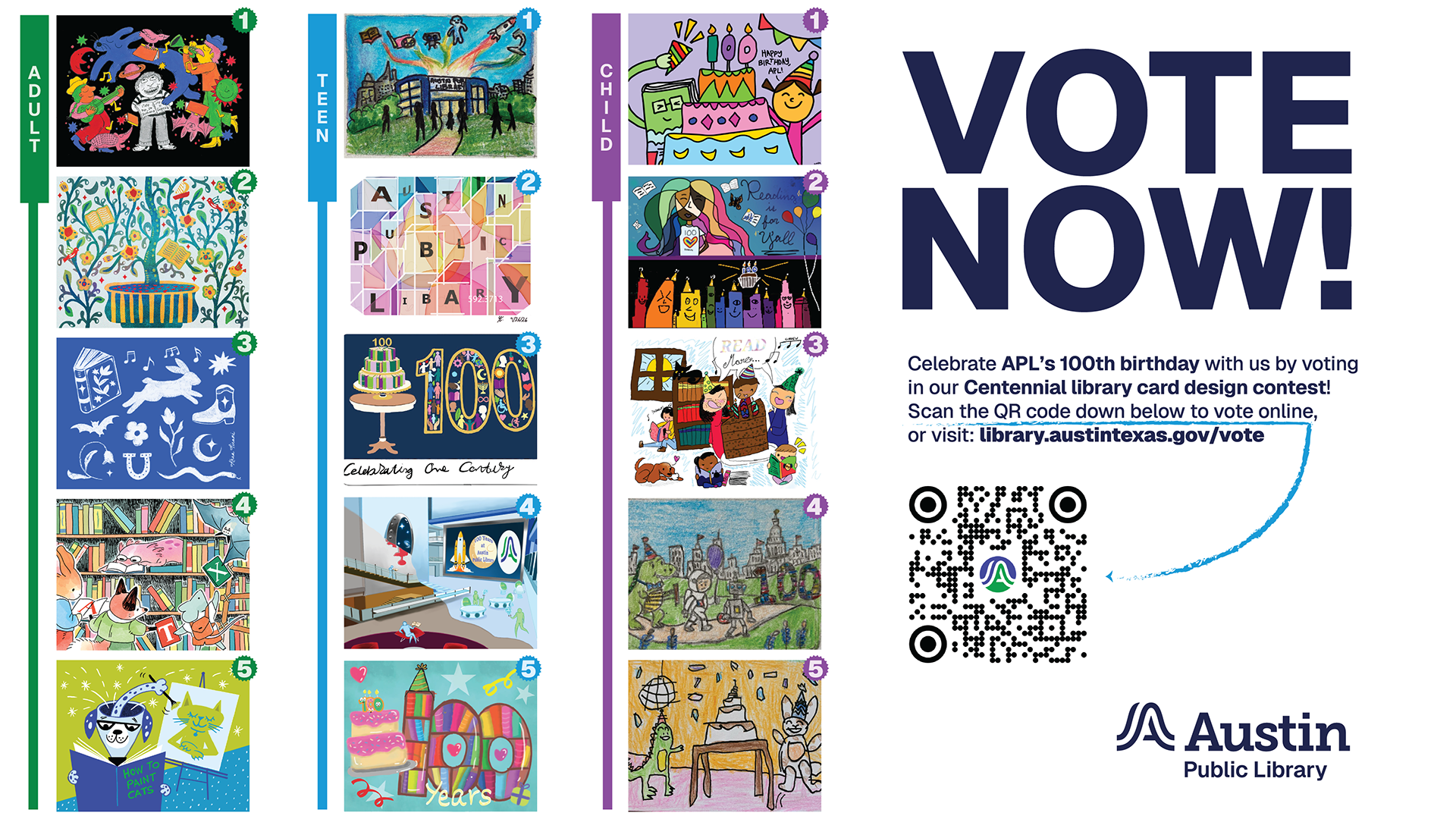 15 images submitted for the Centennial Library Card Contest. A call tonaction asking for patrons to vote on one design from three categories: Adult, teen and child. 