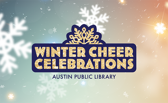 Text with golden glitter effect, that reads "Winter Cheer Celebrations", with a halved snowflake centered above, on a magical wintery background of blurred snowflakes, light flares and a gradient of color from a deep blue to golden light orange/yellow. 