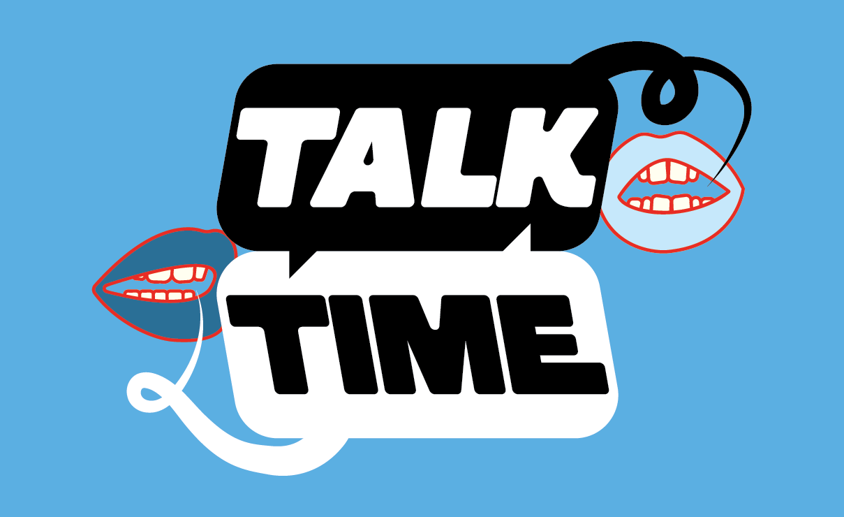 lips speaking word bubbles containing the "TALK TIME" brand identity. 