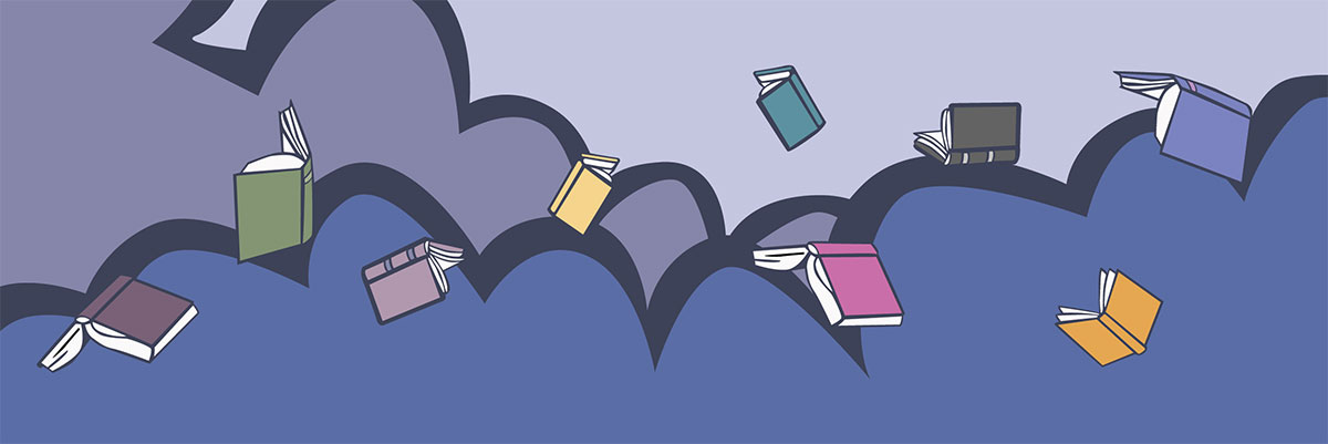 books on a stormy cloud background