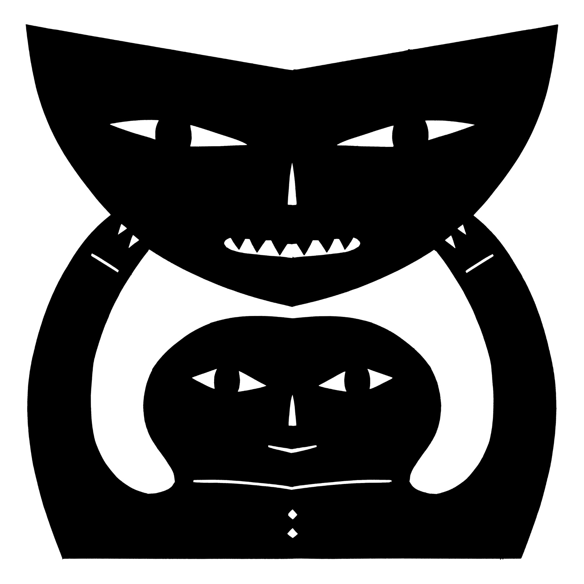 black paper cut to look like a person, from the chest up, is holding up a smiling cat like mask