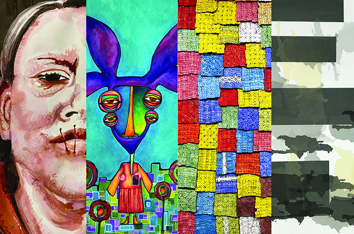 Human face, surreal rabbit like figure, african beads in bright colors, map of DR and USA