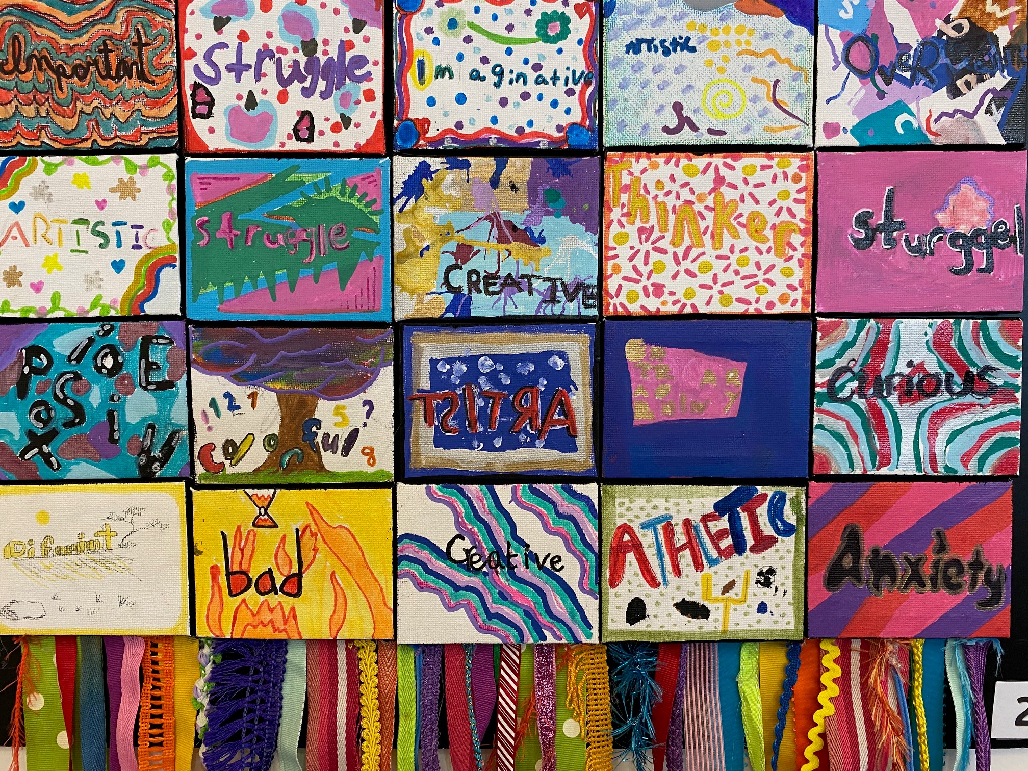 colorful squares with abstract shapes and text describing feelings of living with dyslexia