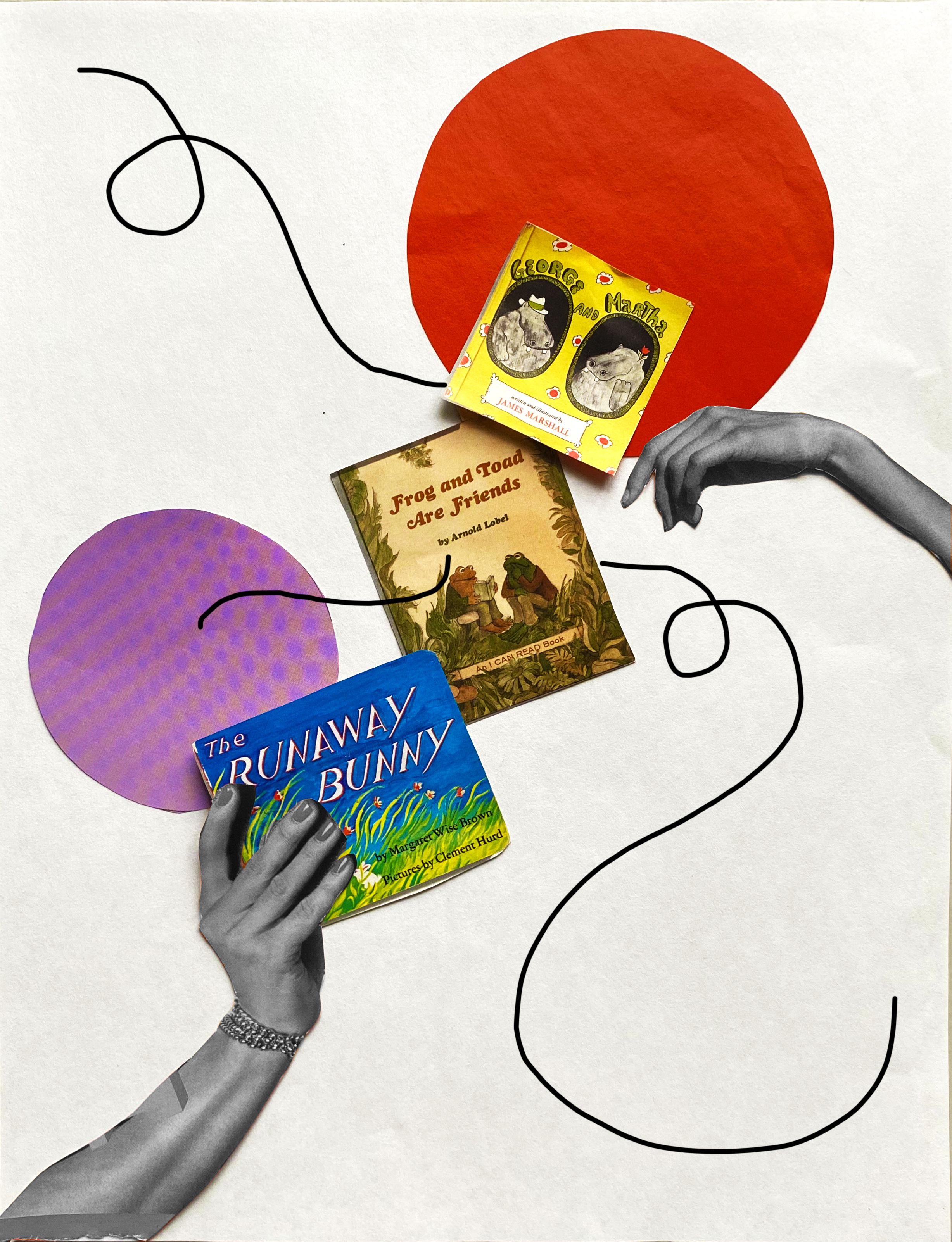 Two hands reaching for a line of three books, red and purple circular designs in the background