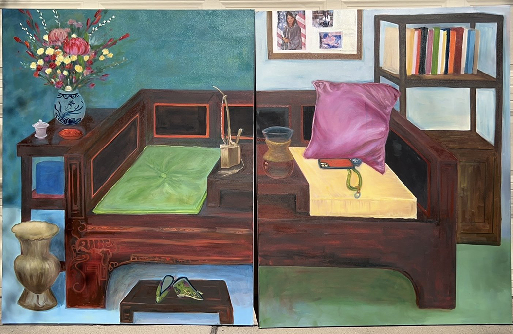 Painting of a couch divided with American and Chinese aesthetics