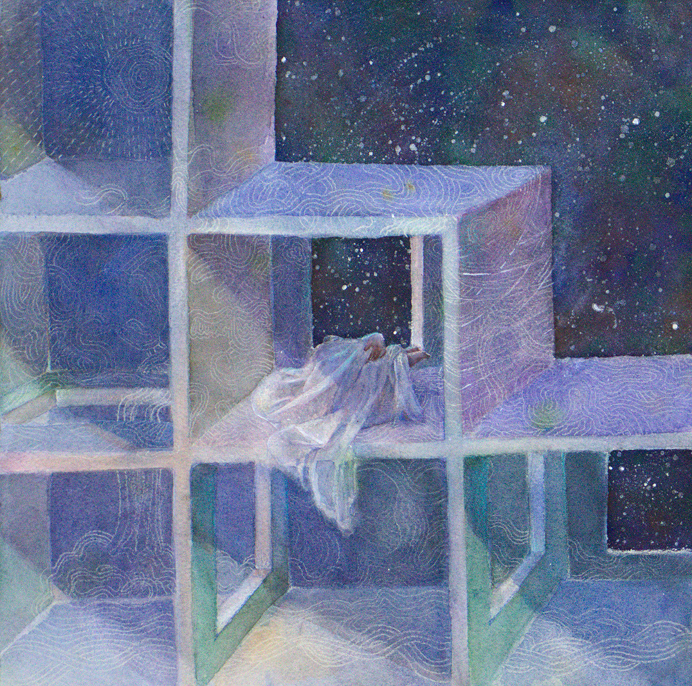 six cubes stacked in an asymmetrical pattern, painted with watercolor. A figure like image lying in one cube and starry night sky in the background