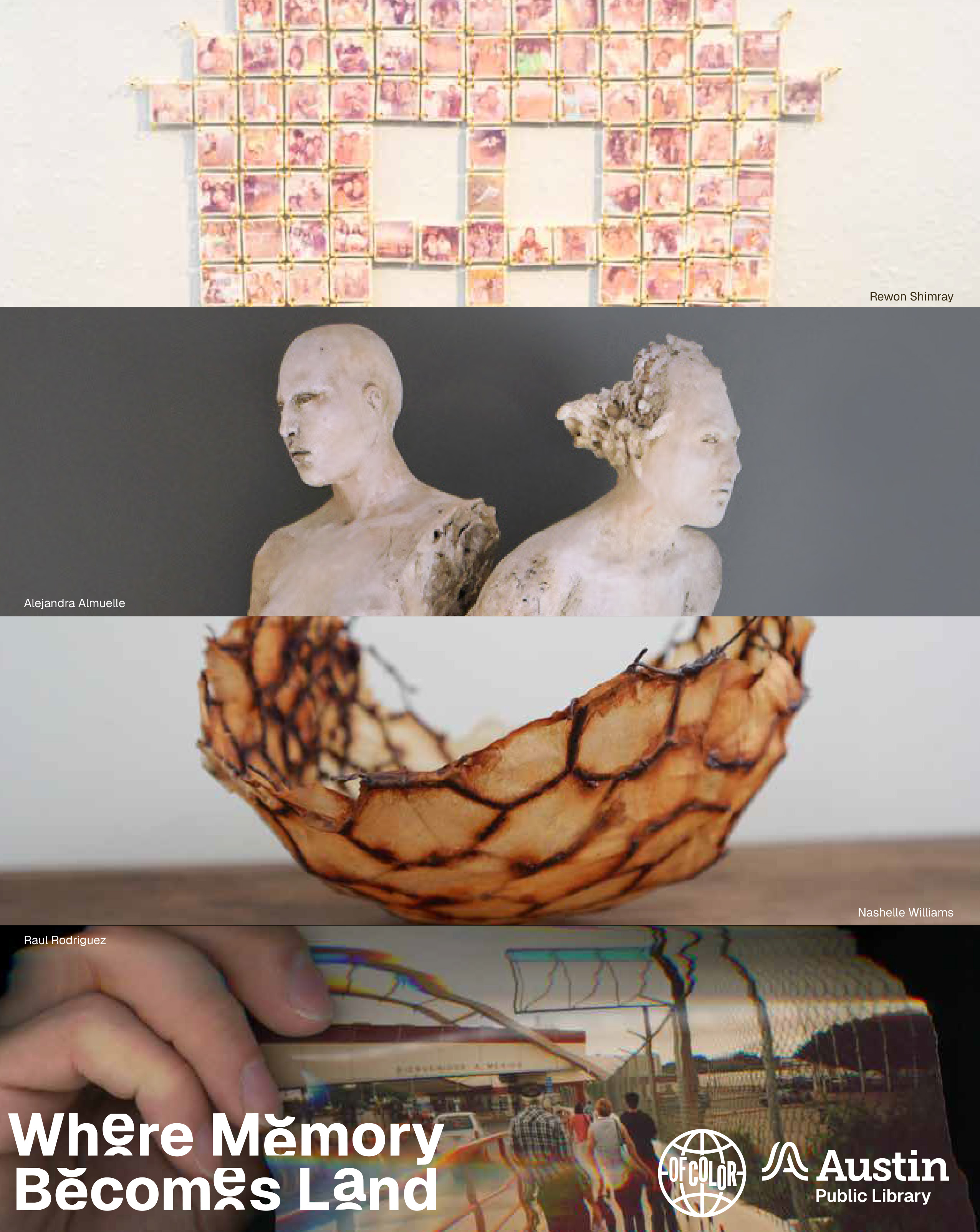 Vertical grid of four artists work including photo collage, figurative sculpture, and beeswax