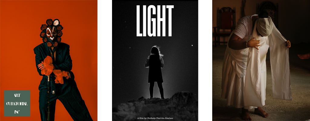 three portrits of people. one red and black colors with mask on face, the word light above a silhouette and a black woman bending doing housework