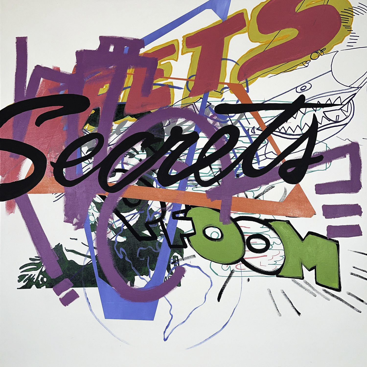 Brightly colored abstract painting with text that says secrets in black cursive 