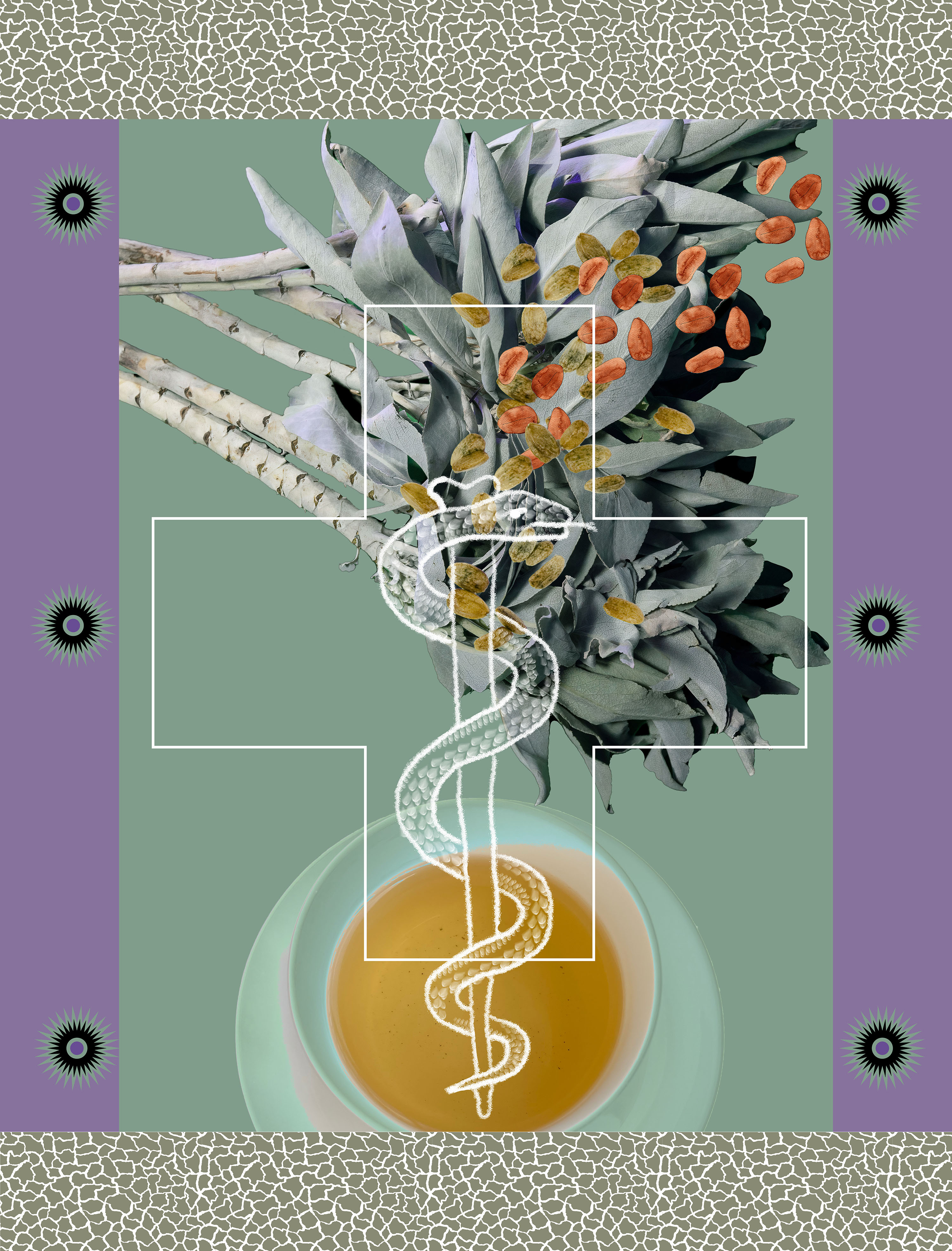 Graphics art depciting the plant white sage with gold, lavender, and white abstract design elements