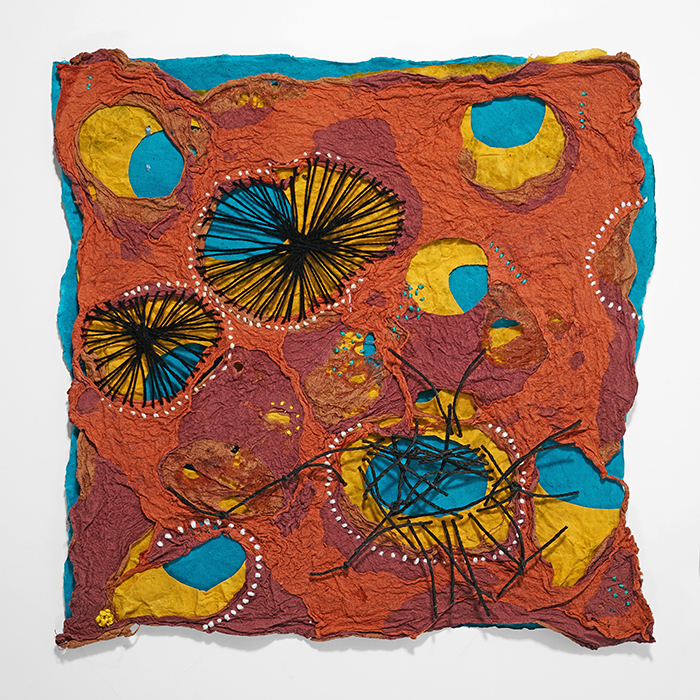 Rust, turquoise and gold colored handmade paper with sewn designs 