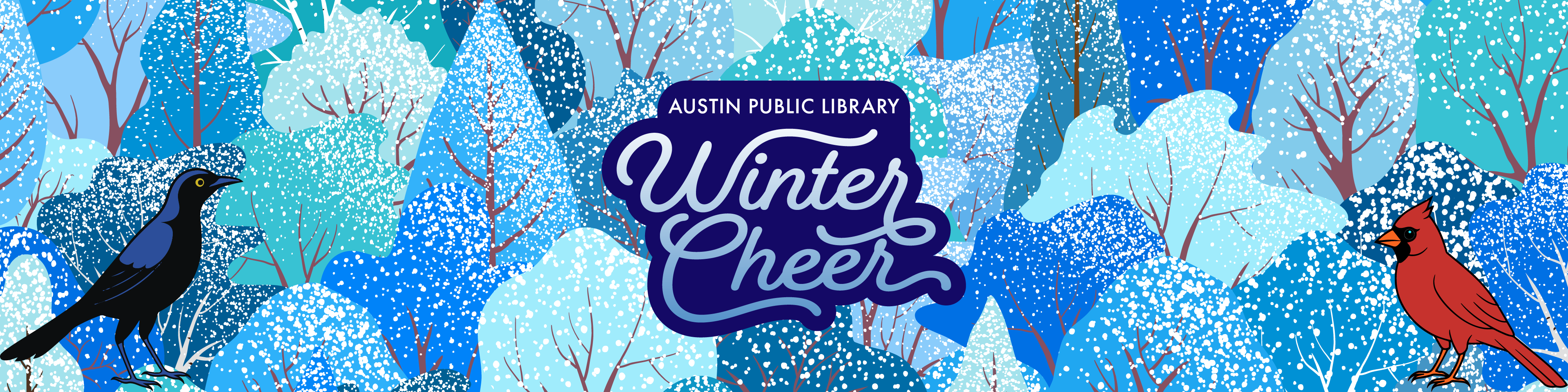 A grackle sits to the left side of the main logo for Winter Cheer, and a cardinal sits to the right of the logo, on a background of snow capped trees in hues of blues and green.