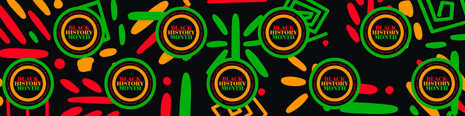 Black History Month Circular Badge Logo is in a pattern atop a lively hand painted pattern of African inspired art.