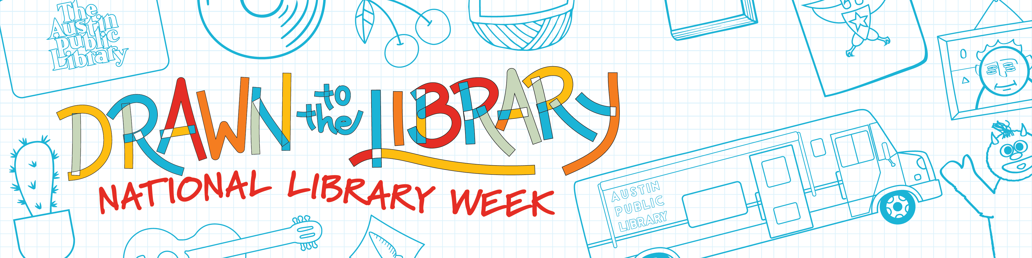 Drawn to the Library logo with icons