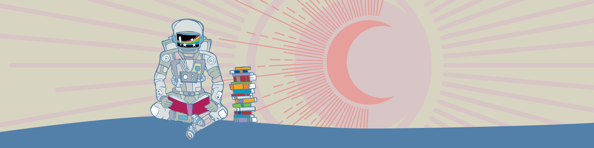 astronaut reading with eclipse