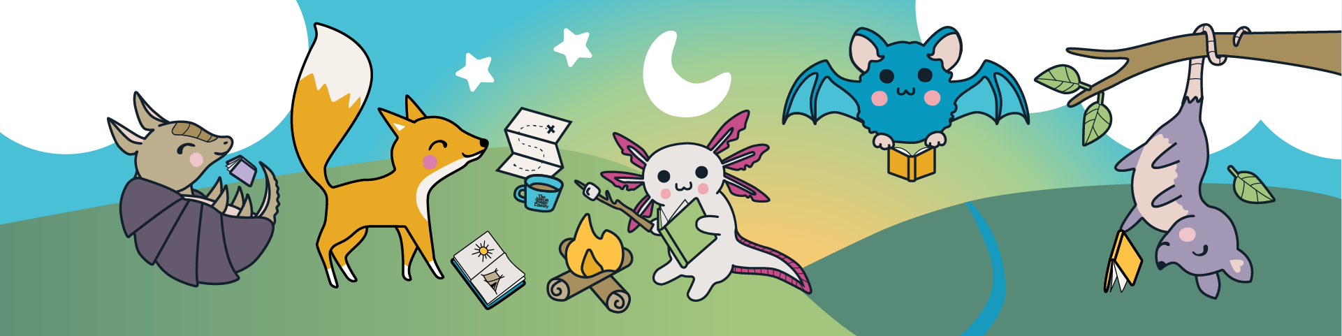 animals reading on a field, armadillo, fox, axolotl, bat, opossum