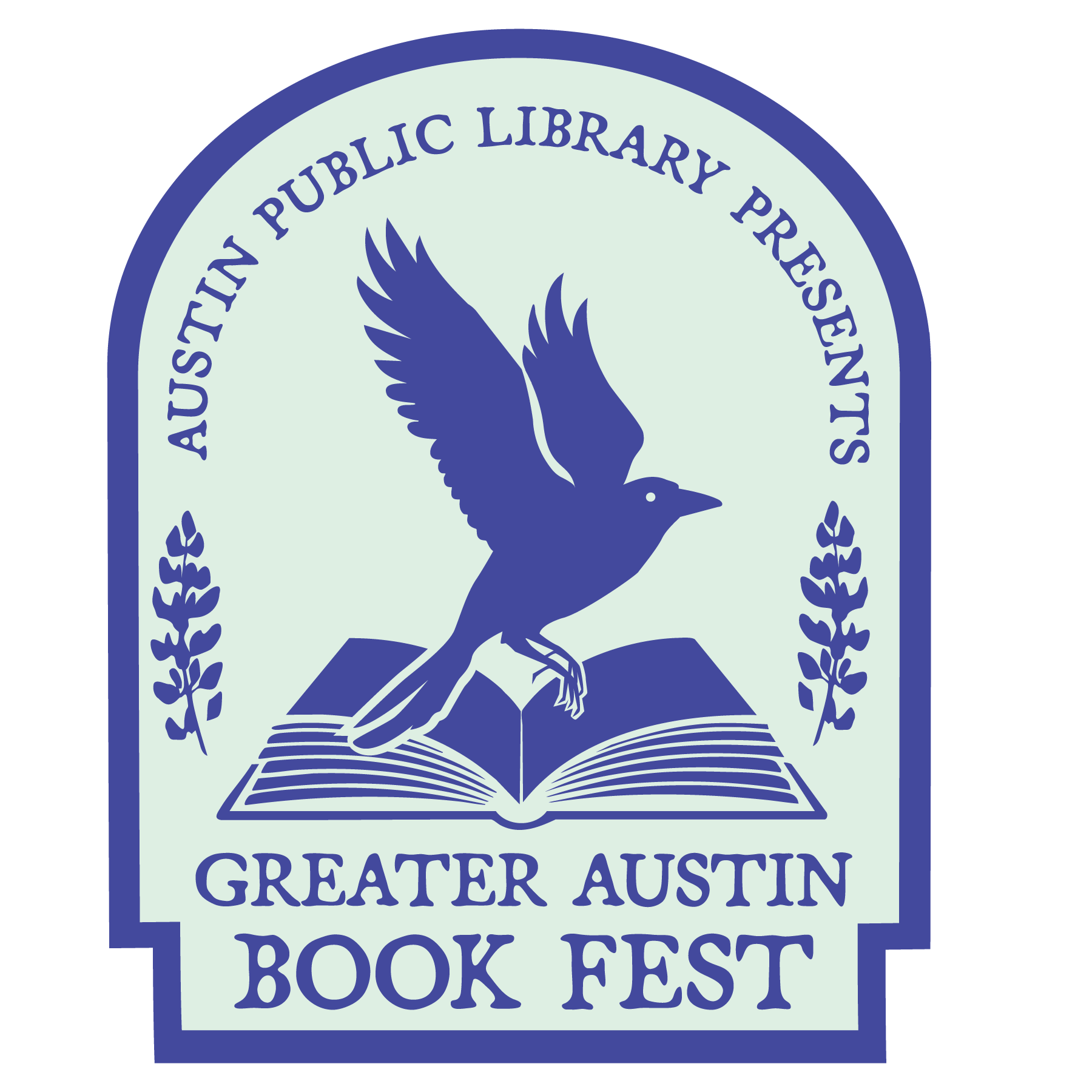 Bird with book and bluebonnets, text Austin Public Library Presents Greater Austin Book Fest