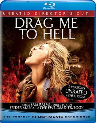 Blu-ray cover for Drag Me To Hell with title at the top and a profile of a blonde woman screaming with flames surrounding her