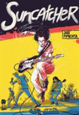 woman vigorously playing guitar with the words "Suncatcher" scrawled overhead and a band in the background