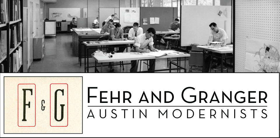 Architects at desks in a black and white photo over a Fehr and Granger logo