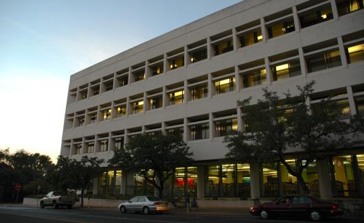 Faulk building exterior at sunset