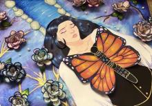 A girl is centered in the painting with a sad expression, her black hair flowing and a large monarch seated on her chest, surrounded by flowers and flowing water
