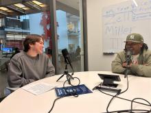 Frank Hobbes at left in a room with a microphone across from Zell Miller III at right, being interviewed for the podcast
