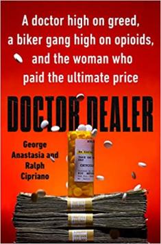 Book cover depicting prescription bottle of pills atop stacks of cash