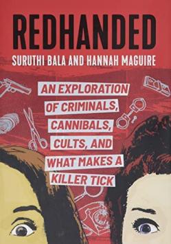 Book cover with title text over two illustrations of women's heads and graphics of murder weapons.