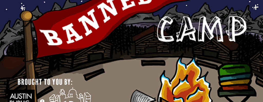 Banned Camp! image featuring a fire and the BookPeople plus APL logos.