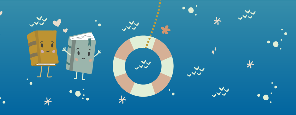 books floating in the water near a life raft