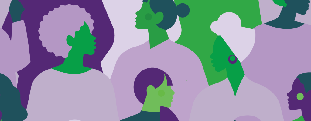 Purple and Green colored silhouettes of ladies of all ethnic backgrounds